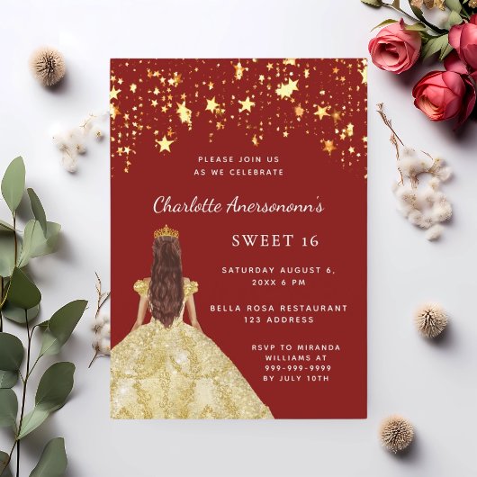 Invitation Sweet 16 étoiles de robe rouge or