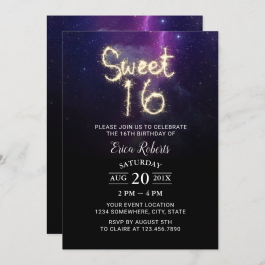 Invitation Sweet 16 Étoiles d'été Sparkler fête d'anniversair (Devant / Derrière)