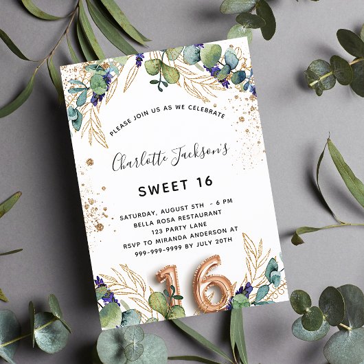 Invitation Sweet 16 eucalyptus parties scintillant verte élég