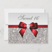 Invitation Sweet 16 Faux Séquins Argent Diamants Bow Rouge (Devant)