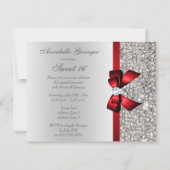 Invitation Sweet 16 Faux Séquins Argent Diamants Bow Rouge (Dos)