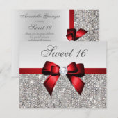 Invitation Sweet 16 Faux Séquins Argent Diamants Bow Rouge (Devant / Derrière)