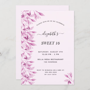 Invitation Sweet 16 fêtards rose pâle florales botaniques