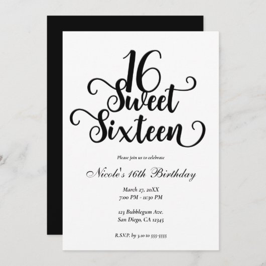 Invitation Sweet 16 fête d'anniversaire blanche et noire (Devant / Derrière)