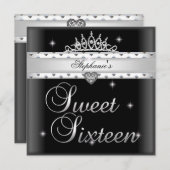Invitation Sweet 16 fête d'anniversaire Noir Blanc Tiara (Devant / Derrière)