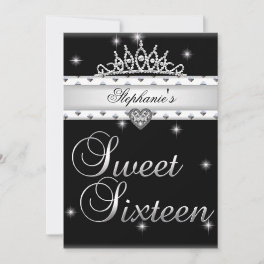 Invitation Sweet 16 fête d'anniversaire Noir Blanc Tiara Pers (Devant)