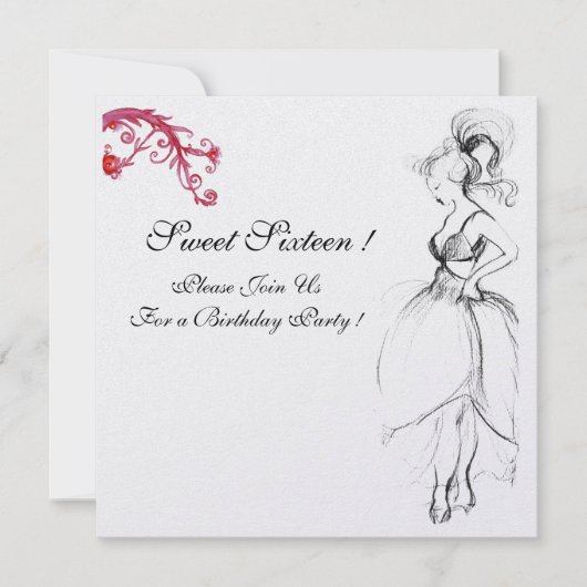 Invitation SWEET 16 FÊTE D'ANNIVERSAIRE Rouges Black White (Devant)