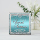 Invitation Sweet 16 fête d'anniversaire Turquoise bleu argent (Debout devant)