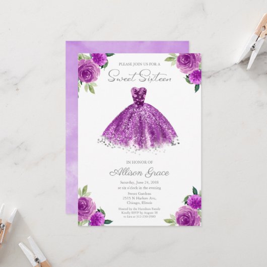 Invitation Sweet 16 Feuille d'Argent Robe Violette (Devant/Arrière en situation)
