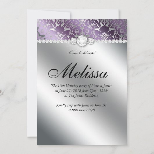 Invitation Sweet 16 Fleurie Damassé Violet Argent (Devant)