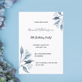 Invitation Sweet 16 fleurs bleues blanches botaniques