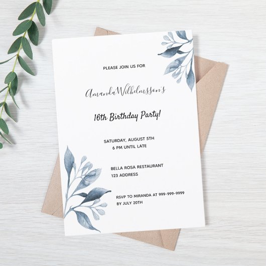 Invitation Sweet 16 fleurs bleues blanches botaniques