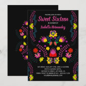 Invitation Sweet 16 Fleurs de la fête mexicaine Noir Annivers (Devant / Derrière)