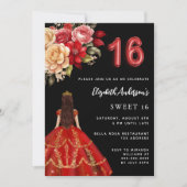 Invitation Sweet 16 fleurs de robe rouge noire rose (Devant)