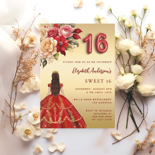 Invitation Sweet 16 fleurs de robe rouge or rose