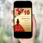 Invitation Sweet 16 fleurs de robe rouge or rose