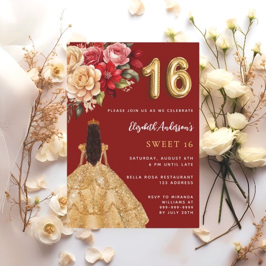 Invitation Sweet 16 fleurs de robe rouge or rose
