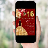 Invitation Sweet 16 fleurs de robe rouge or rose