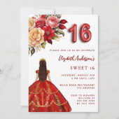 Invitation Sweet 16 fleurs de robe rouge or rose blanc (Devant)
