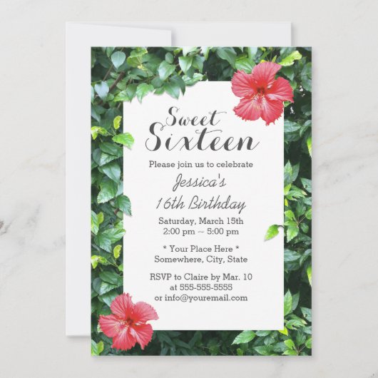 Invitation Sweet 16 Fleurs d'Hibiscus Rouge Tropical (Devant)