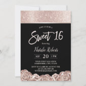 Invitation Sweet 16 Fleurs d'or Rose moderne Élégant Noir (Devant)