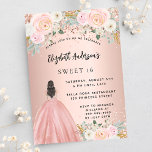 Invitation Sweet 16 fleurs d'or rose robe luxe<br><div class="desc">Une invitation moderne, élégante et glamour pour une fête Sweet 16, 16e anniversaire. Un arrière - plan rose en or avec des fleurs roses rousses, une fille portant une robe de bal. Le nom est écrit avec un script de style moderne écrit à la main. Personnalisez et ajoutez les détails...</div>