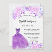 Invitation Sweet 16 fleurs rose violet robe luxe (Devant)