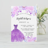 Invitation Sweet 16 fleurs rose violet robe luxe (Debout devant)