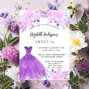 Invitation Sweet 16 fleurs rose violet robe luxe