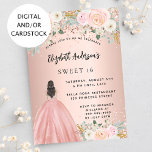 Invitation Sweet 16 fleurs roses d'or robe<br><div class="desc">Une invitation moderne, élégante et glamour pour une fête Sweet 16, 16e anniversaire. Un arrière - plan rose en or avec des fleurs roses rousses, une fille portant une robe de bal. Le nom est écrit avec un script de style moderne écrit à la main. Personnalisez et ajoutez les détails...</div>