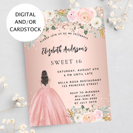 Invitation Sweet 16 fleurs roses d'or robe