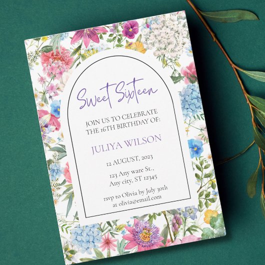 Invitation Sweet 16 fleurs sauvages de jardin