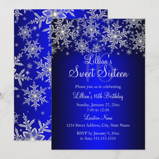 Invitation Sweet 16 Flocon de Neige Argent Bleu Ro (Devant / Derrière)