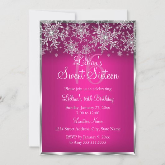 Invitation Sweet 16 Flocon de Neige Argent Rose Ch (Devant)