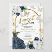 Invitation Sweet 16 Floral Navy bleu robe papillon (Devant)