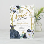 Invitation Sweet 16 Floral Navy bleu robe papillon (Debout devant)