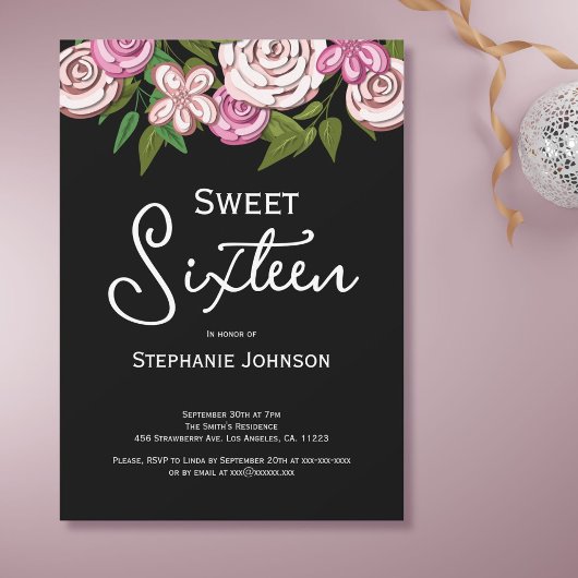 Invitation Sweet 16 Floral rose noir Anniversaire