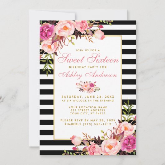 Invitation Sweet 16 Flore rayé Or rose (Devant)
