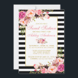 Invitation Sweet 16 Flore rayé Or rose<br><div class="desc">Sweet 16 Anniversaire rayé rose floral carte d'invitation or - Bandes noir et blanc</div>
