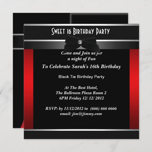 Invitation Sweet 16 Formal Black Cravate fête d'anniversaire (Devant / Derrière)