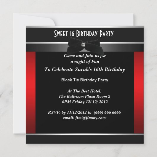 Invitation Sweet 16 Formal Black Cravate fête d'anniversaire (Devant)