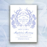 Invitation Sweet 16 Français Vintage Bleu Floral Crest<br><div class="desc">Une élégante crête vintage de fleurs bleues françaises occupe le devant de la scène pour cette invitation intemporelle à l'anniversaire. Orné,  formel et très féminin fera que toute femme d'anniversaire se sentira très spéciale. Des fournitures de partie de coordination sont disponibles.</div>