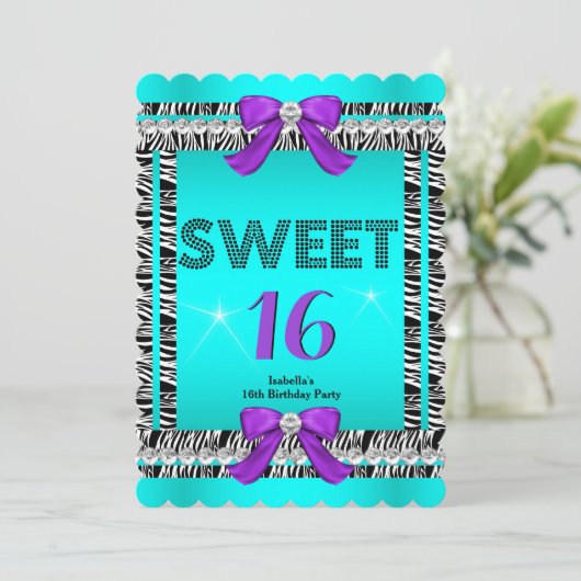 Invitation Sweet 16 Fun Party Zebra Turquoise bleu pourpre Bo (Debout devant)