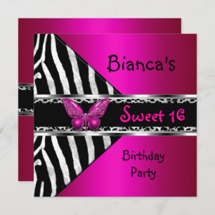 Invitation Sweet 16 Fushia rose Silver Black Zebra Leopard