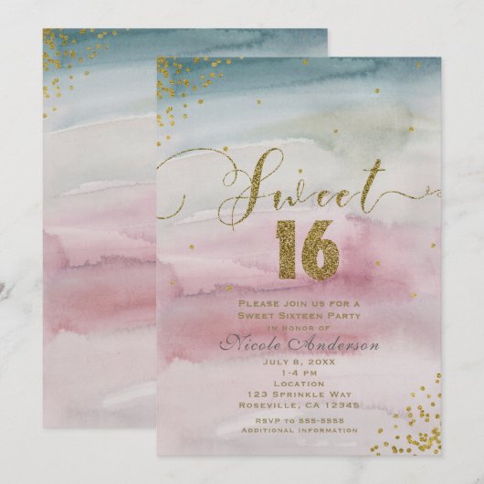 Invitation SWEET 16 Glam Aquarelle moderne or Confetti (Devant / Derrière)