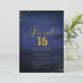 Invitation SWEET 16 Glam Moderne Aquarelle Bleu & Gold Party (Debout devant)