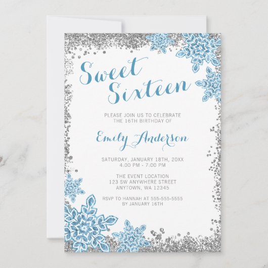Invitation Sweet 16 Glam Winter Wonderland Silver Blue (Devant)