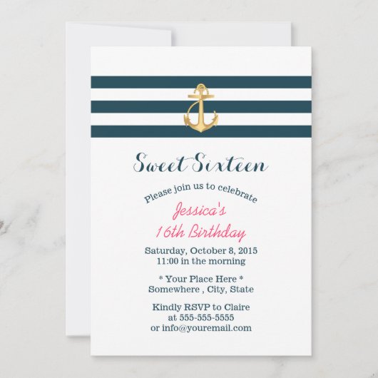 Invitation Sweet 16 Gold Ancre Bandes Nautiques (Devant)