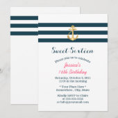 Invitation Sweet 16 Gold Ancre Bandes Nautiques (Devant / Derrière)
