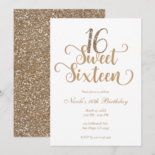 Invitation Sweet 16 Gold & White Parties scintillant fête d'a (Devant / Derrière)